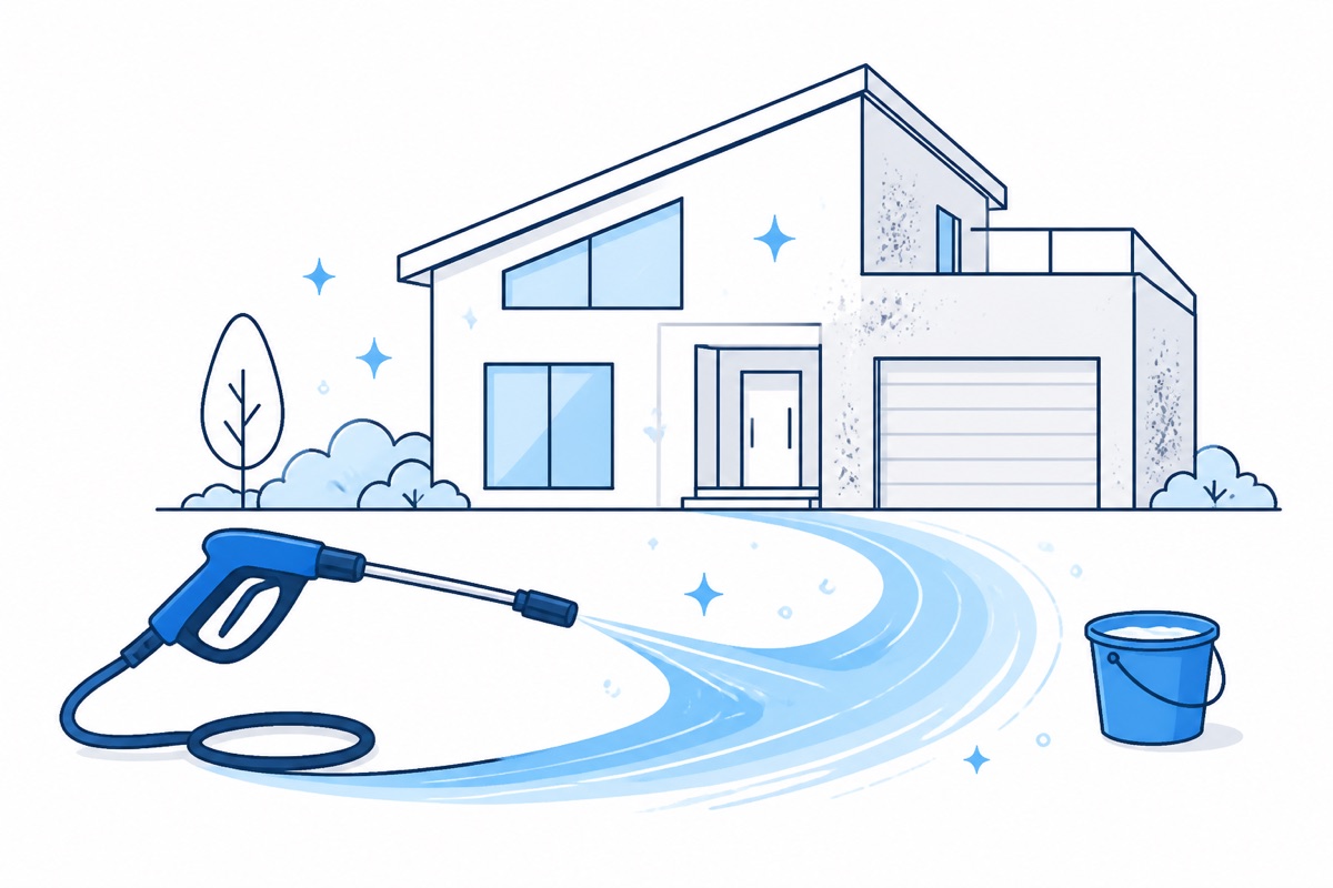 Original editorial illustration of a bright house-cleaning scene with washing tools